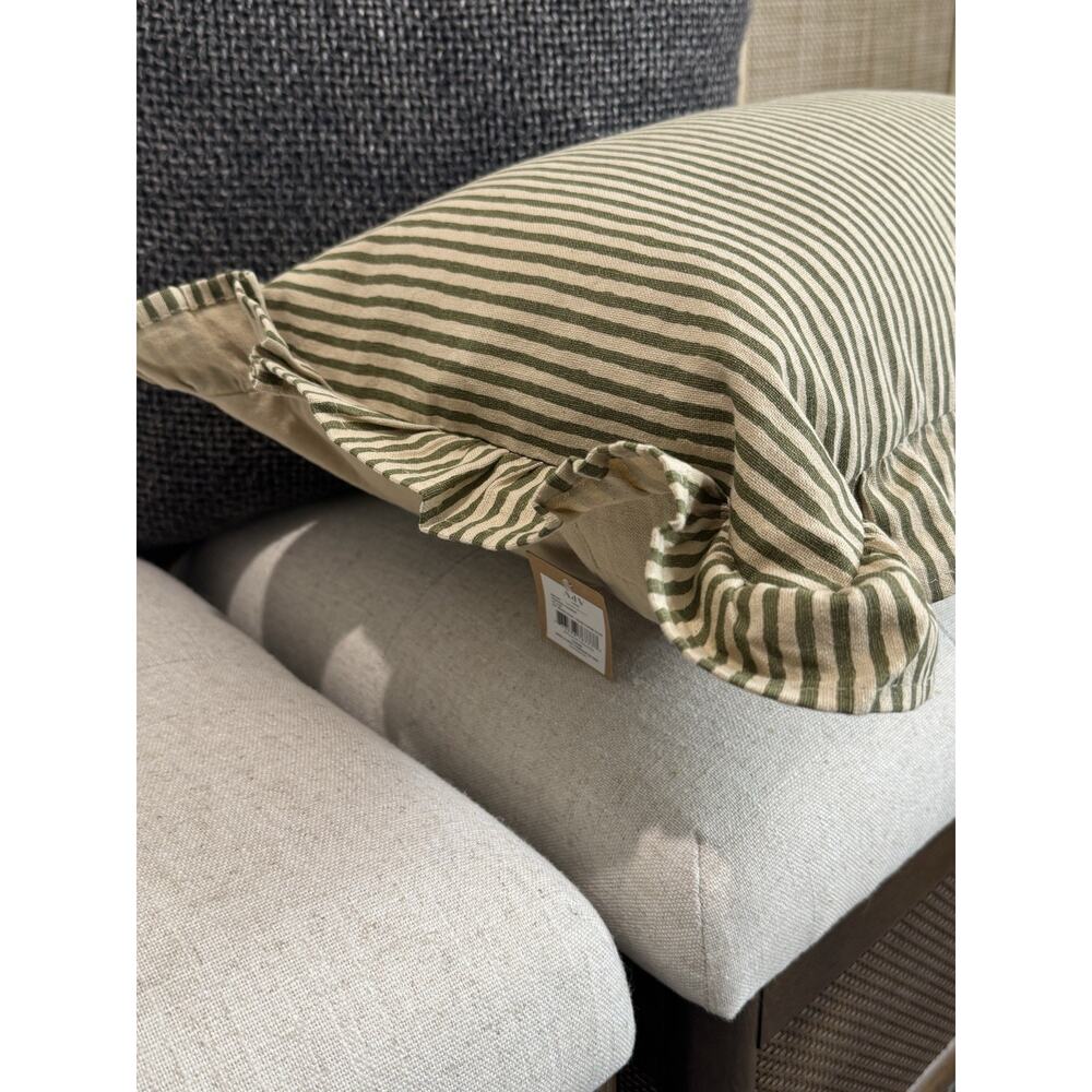 New Cottage Farmhouse Vintage Olive Green Stripe Ruffle Lumbar Accent Pillow - Picture 7 of 13